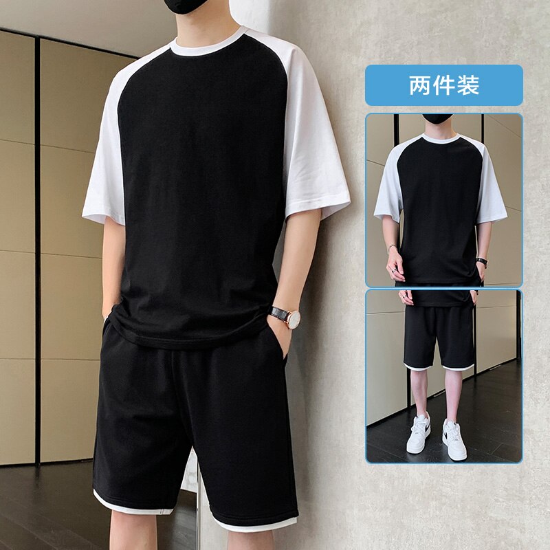 Korean Fashion 2 Piece Set Men Summer Clothes Patchwork Tracksuits Men Sports Wear Streetwear Outfits Men Clothing Pure Cotton