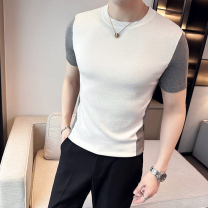 Summer New Men Short Sleeve Sweater Fashion Patchwork Color Round Collar Slim Fit Sweaters For Men Clothing Free Shipping