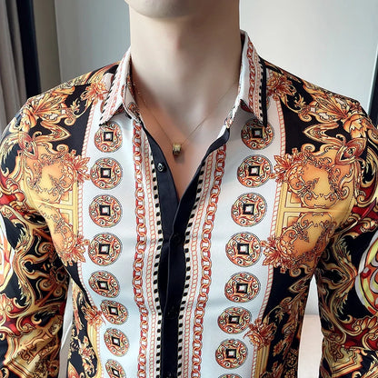 saferido Luxury Paisley Gold Printed Shirt Men's Royal Club Clothing Korean Men's Long Sleeve Slim Long Sleeve Shirt Tuxedo Shirt