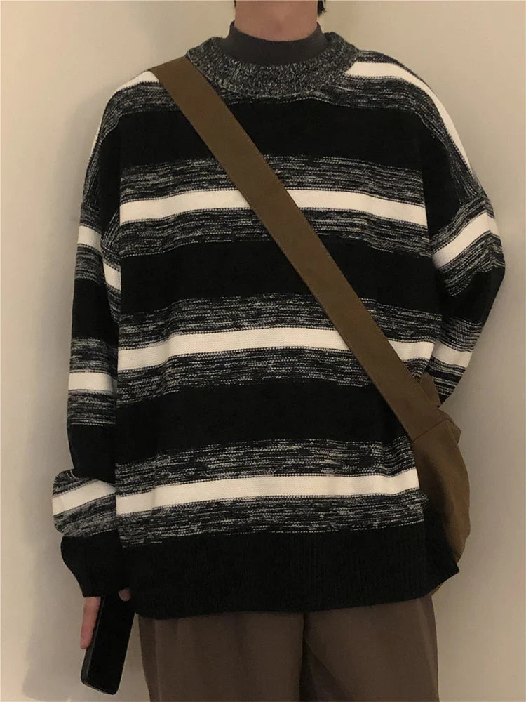 saferido Vintage Striped Men's Knitted Sweater Pullovers Black Distressed Sweaters Male Oversize Japanese Streetwear Hip Hop