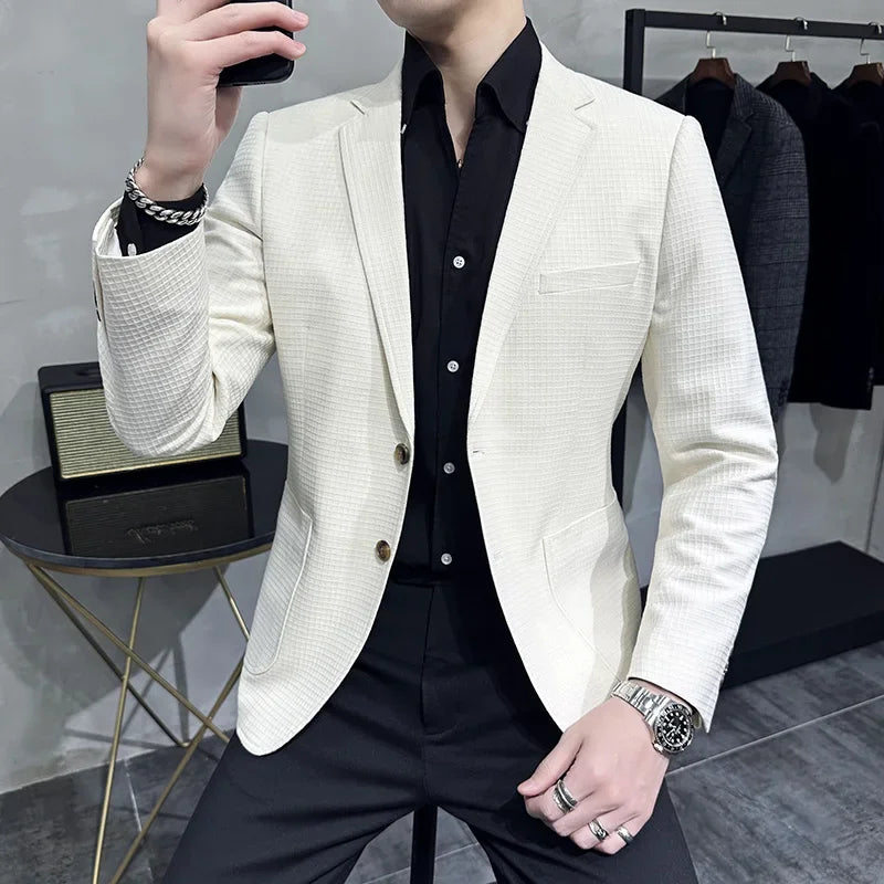 saferido British Style Single-breasted Men Blazers Slim Wedding Business Casual Suit Jacket Houndstooth Street Wear Social Dress Coat