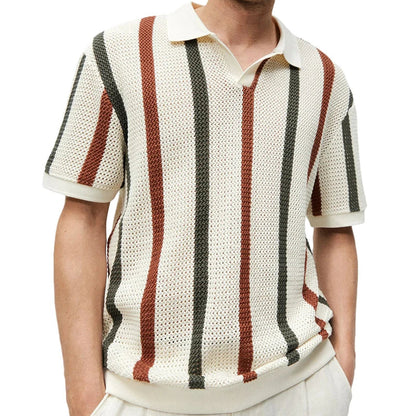 Summer Breathable Hollow Out Knit T Shirt Men Vintage Striped Print Knitted Polo Shirt Beach Casual Lapel Short Sleeve Tops Male