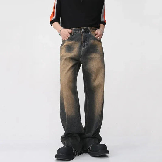 Vintage Men's Burrs Jeans Summer New Gradient Color Straight Denim Pants High Street Male Casual Wide Leg Trousers