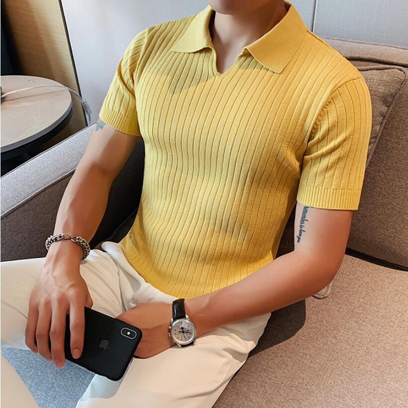 British Style Men's Summer Casual Short Sleeves Polo Shirts/Male Slim Fit High Quality Stripe Knitted V-neck Polo Shirts