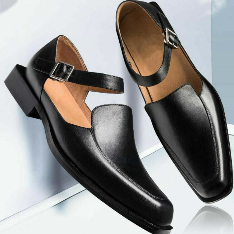 saferido New Black Men's Summer Sandals Pu Leather Buckle Strap Dress Shoes for Men with Free Shipping Business Formal Shoes Men