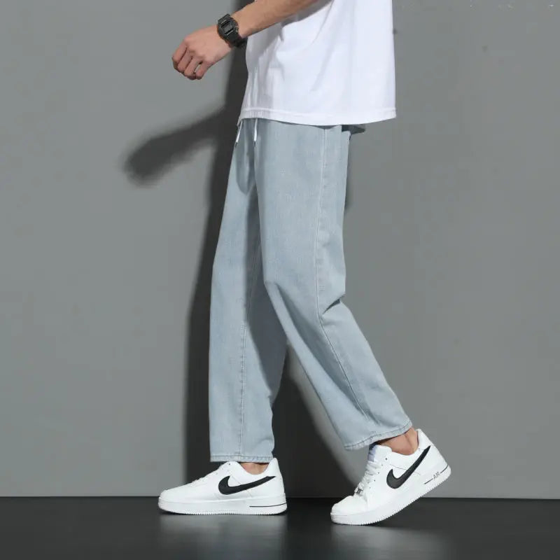 saferido Fashion Korean Sports Casual Loose Straight Jeans Men Solid Elastic Waist Drawstring Pockets Versatile Trendy Wide Leg Pants