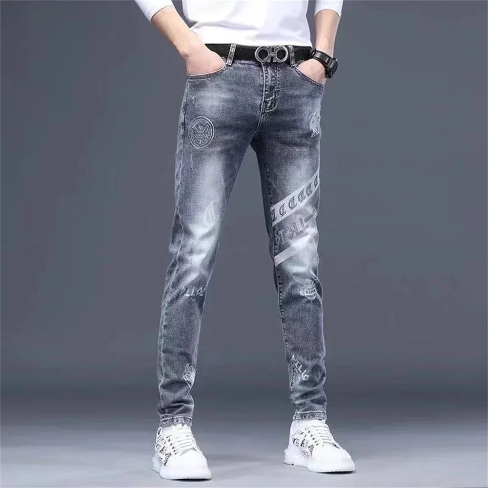 saferido Jeans Men Print Pants Loose Fit Blue Baggy Jeans Korea Fashion Wide Leg Pants Denim Trousers Men's Clothing Harem Pants