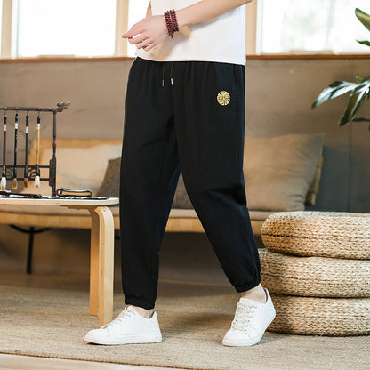 Summer Casual Chinese Style Cotton Linen Ninth Pants Men Fashion   Embroidery Loose Harem Pants Men's Street Jogging Pants