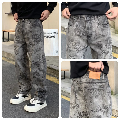 saferido High Quality New Grey Jeans Men Graphic Printed Y2k Denim Trousers Hip Pop Rock Straight Fit Male's Pants