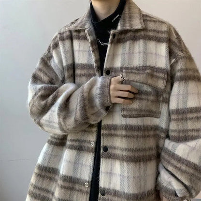 Vintage Woolen Jacket Men Autumn and Winter New Ins Loose Casual Lapel Pockets Single Breasted Couple Plaid Woolen Coat