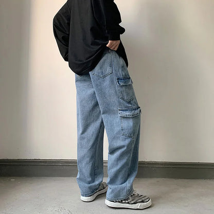 saferido Baggy Men Jeans Straight Cargo Pants Spring Autumn Fashion Vintage Blue Denim Trousers Casual Oversized Bottoms Male Y2K Clothes