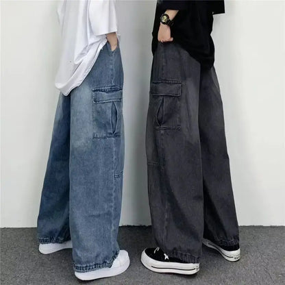 saferido Spring Autumn High Street Hip Hop Wide Leg Trousers Men's Straight Leg Loose Casual Big Pocket Jeans Men Bottom Male