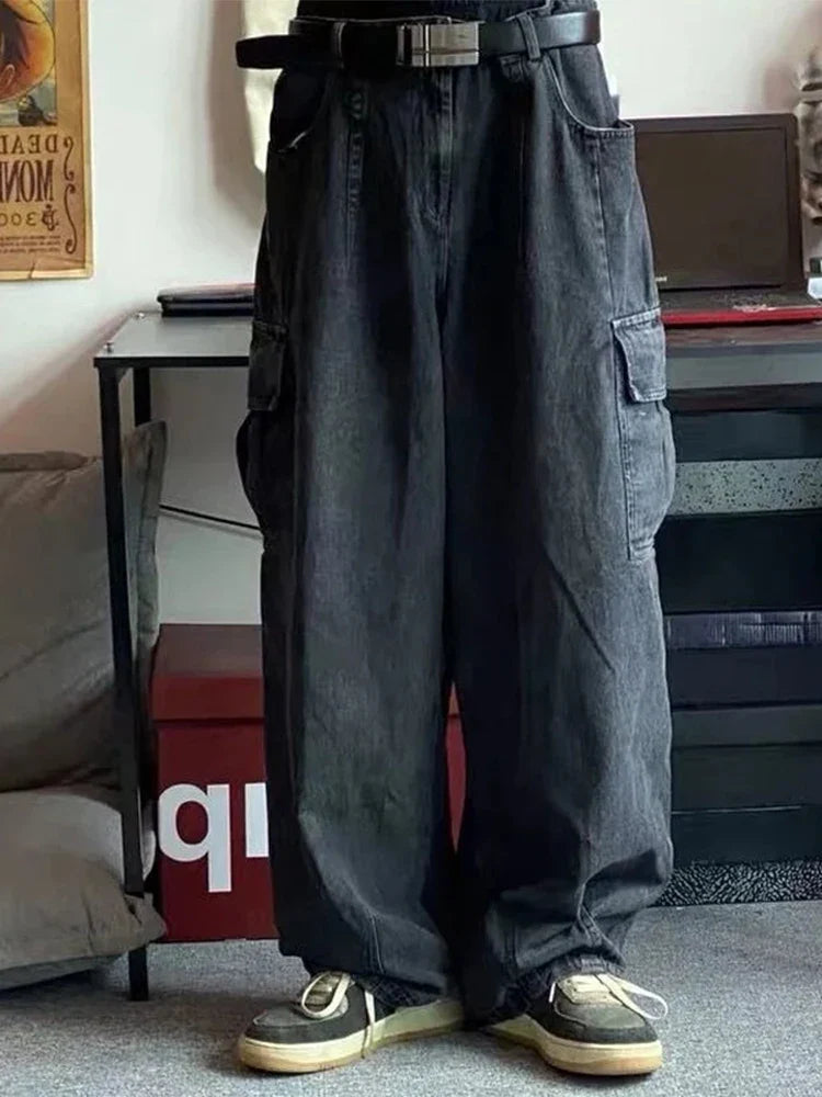 saferido Baggy Jeans for Men Black Denim Cargo Pants Wide Leg Pants Oversize Cargo Pants Korean Streetwear Hip Hop Harajuku