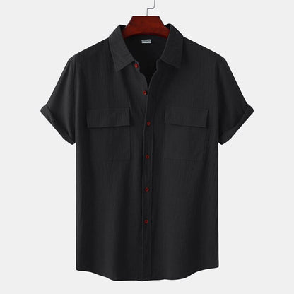 Double Pocket Cotton Linen Shirt Men Summer Short Sleeve Casual Button Down Shirts Mens Beach Holiday Breathable Camisas