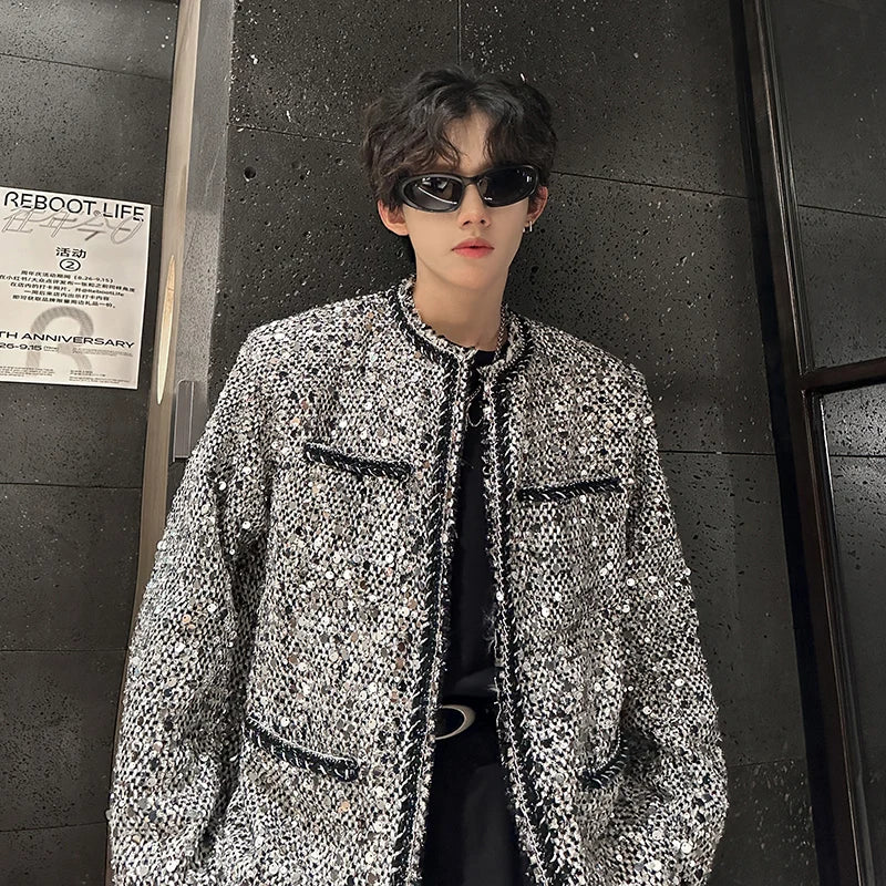 saferido Korean Fashion Shiny Sequin Jacket Sliver Round Collar Long Sleeve Jackets Coats Autumn New Ladies Gentleman High Street