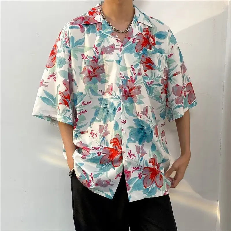 Hawaiian Shirts Men Advanced Breathable Trendy Summer Half Sleeve Floral High Street Pocket Korean Style Male Hipster Handsome