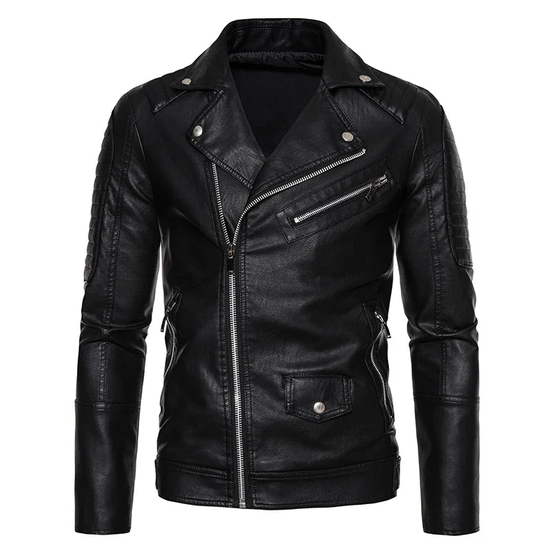 Mens Leather Jackets Solid Turn Down Collar Casual Slim Fit Motorcycle Pu Leather Jacket Men Multiple Pockets Zipper Coat