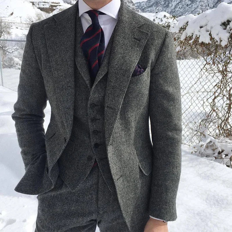 Gray Wool Tweed Winter Men Suit's For Wedding Formal Groom Tuxedo Herringbone Male Fashion 3 Piece (Jacket +Vest +Pants+Tie)