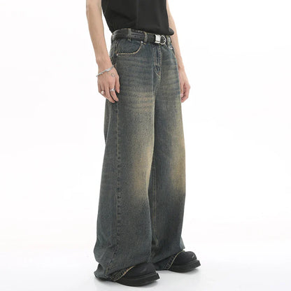 Old Male Pants Summer Blue Washed Men Denim Jeans Straight Casual Menwear Loose Wide Leg Trousers New Fashion