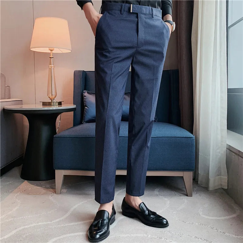 saferido  Autumn Casual Business Men Stripe Pants Fashion Slim Fit Long Trouser For Men's Mid Waist  Design Pants Spring Streetwear