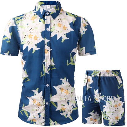 Men Clothing Set  Two Piece Set Summer Beach Wear Floral Print Casual Shirt and Shorts Set Hawaiian Shirt Holiday Clothes