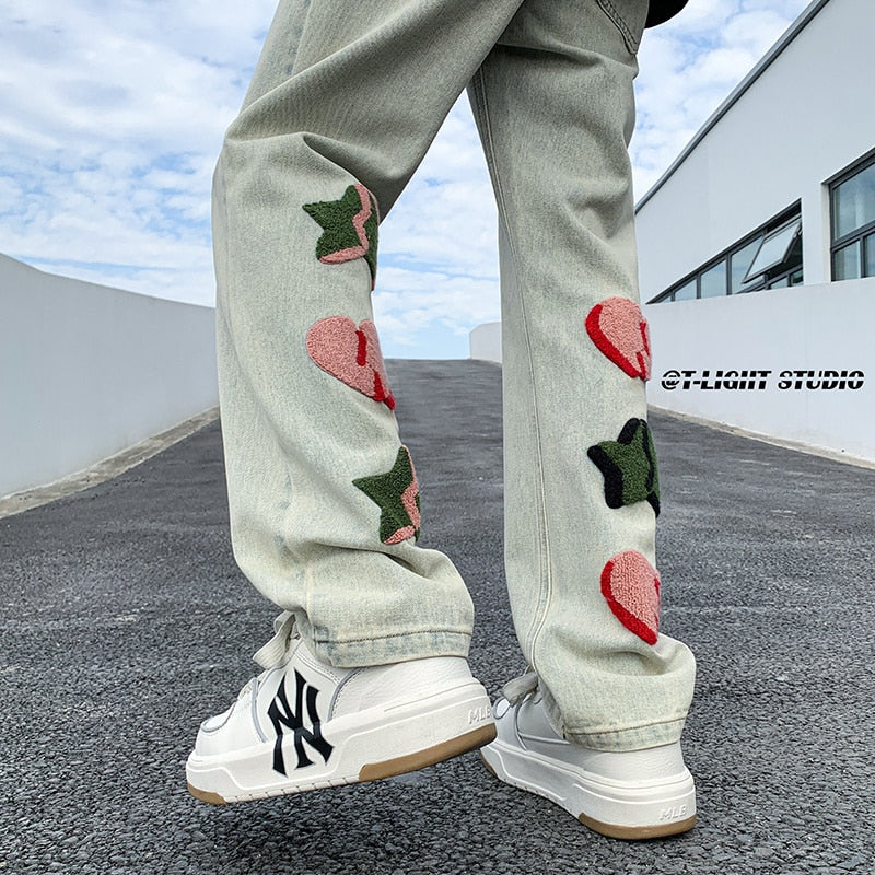 Embroidered Cute Graphic Ins Men Jeans Streetwear Loose Straight Hip Hop Male Denim Pants American Style Unisex Trousers