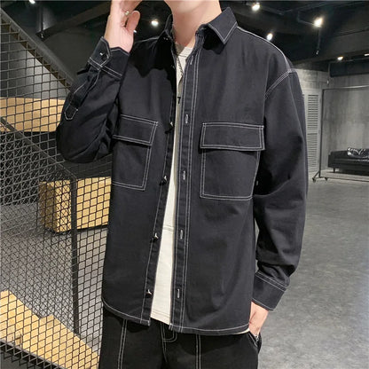 saferido Denim Shirt for Men Jeans Cotton Long Sleeve Blue Blazer Button Up Y2K Casual Spring Summer Cardigan Loose Fashion  Black Coat