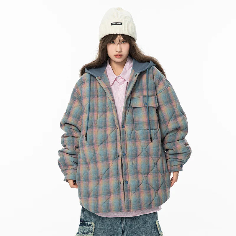 saferido Winter Jacket Men Warm Fashion Thickened Plaid Jacket Men Oversized Streetwear Korean Loose Short Coa Mens Couple Thick Hooded Jackets