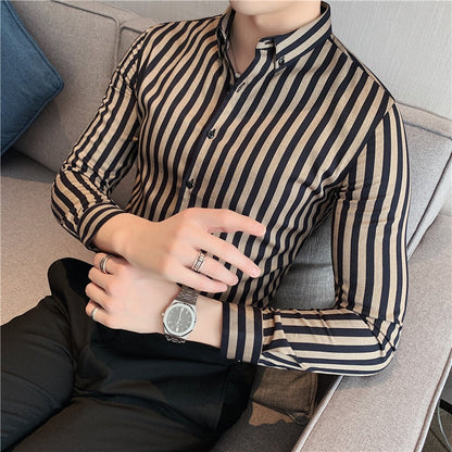 Masculina Spring Shirts Men Dress Vertical Stripe Streetwear Slim Men Shirt Casual Long Sleeve Chemise Homme Tuxedo Shirt