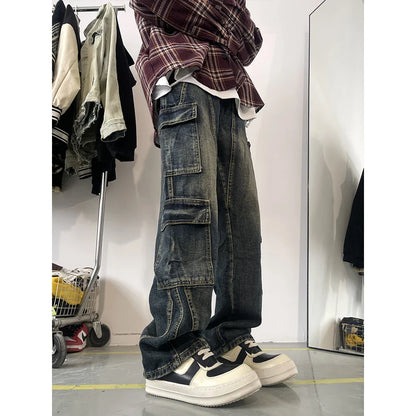 Men's Patchwork Blue Cargo Jeans Unisex Straight Casual Trousers Men Muti-pockets Hip Hop Streetwear 90s Vintage Fashion Pants