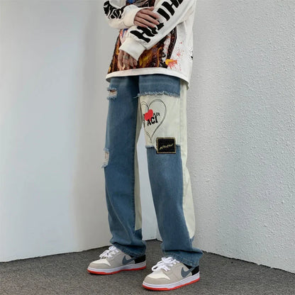 saferido Beggar Jeans Men Contrast Color Stitching Hiphop Loose Straight Wide-leg Denim Trousers Oversize Trend Retro Hole Mopping Pants