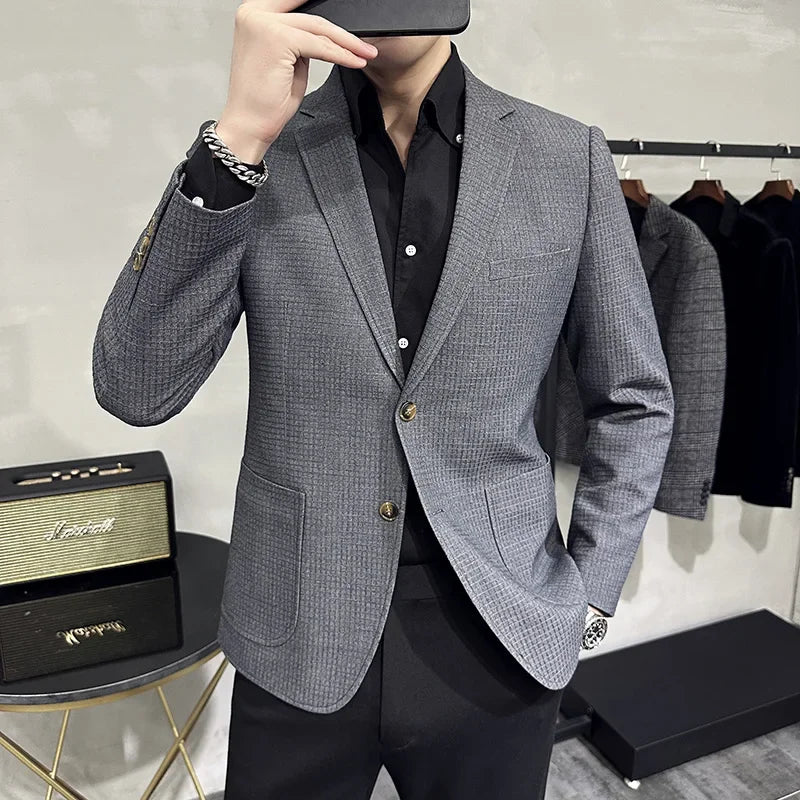 saferido British Style Single-breasted Men Blazers Slim Wedding Business Casual Suit Jacket Houndstooth Street Wear Social Dress Coat