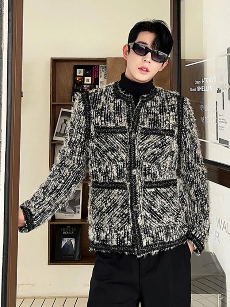 Fashion Woolen Jackets Autumn Winter Men's Clothing Trend Niche Design Woven Collarless Korean Casual Coat Tide New