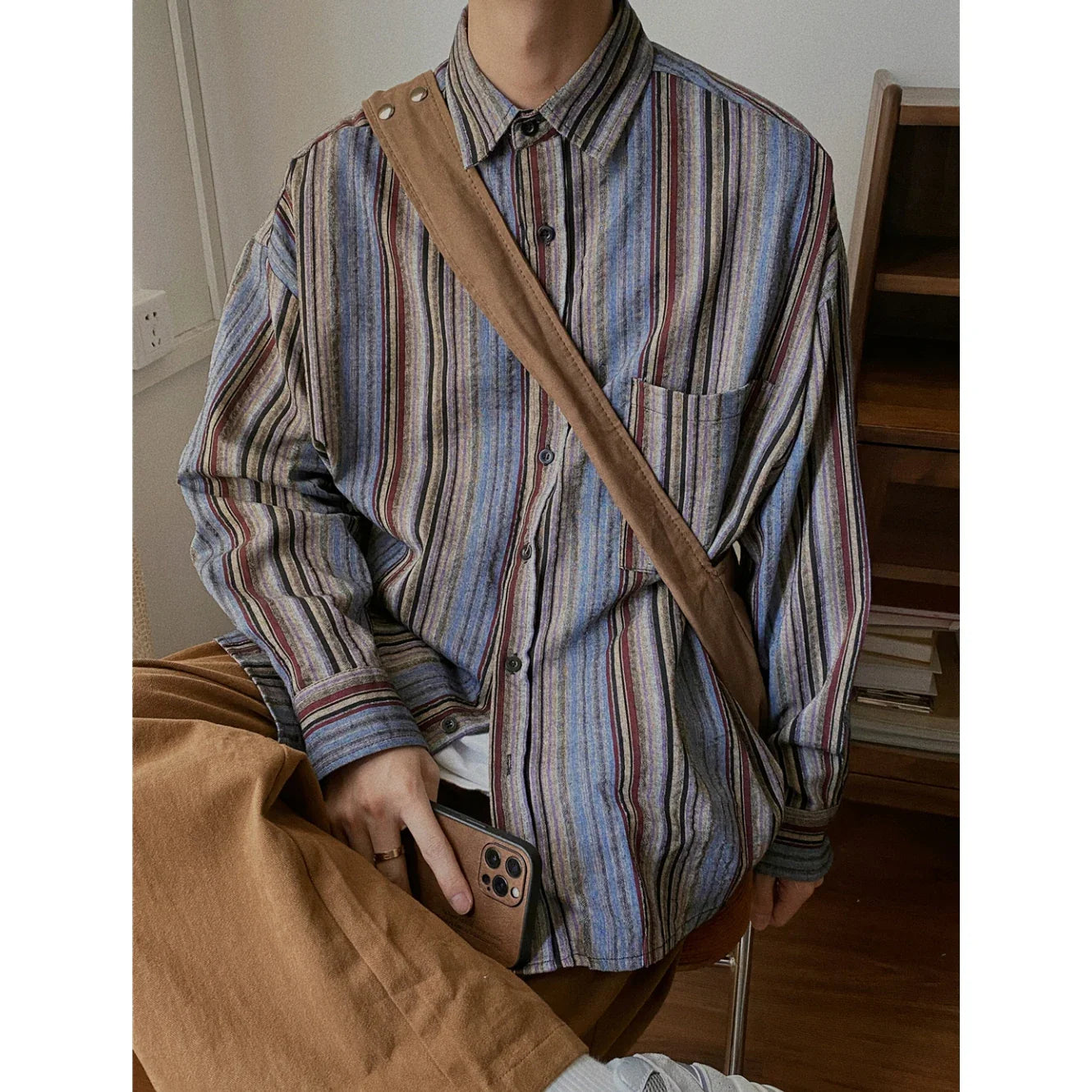 saferido Autumn Cityboy Loose Japanese Retro Vertical Striped Shirt for Men and Women Long Sleeve Lapel Fashion Designer Shirt Jacket