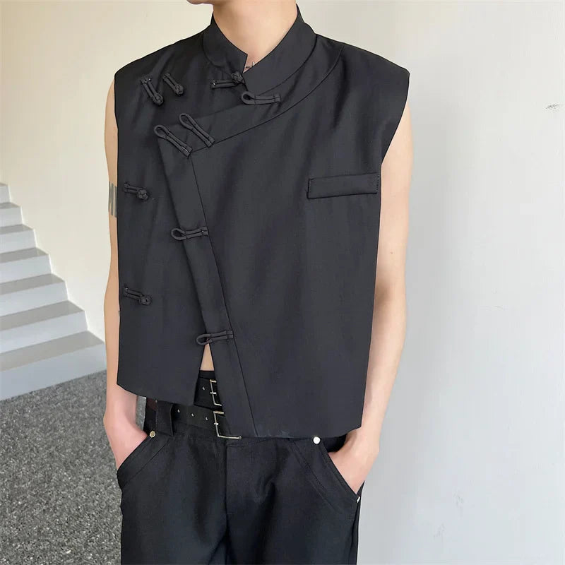 saferido 2024 Spring Round Collar Male Vest Chinese Style Button Solid Color Sleeveless Vests Trendy Men's Clothing Niche Design