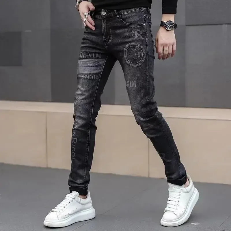 saferido Jeans Men Print Pants Loose Fit Blue Baggy Jeans Korea Fashion Wide Leg Pants Denim Trousers Men's Clothing Harem Pants