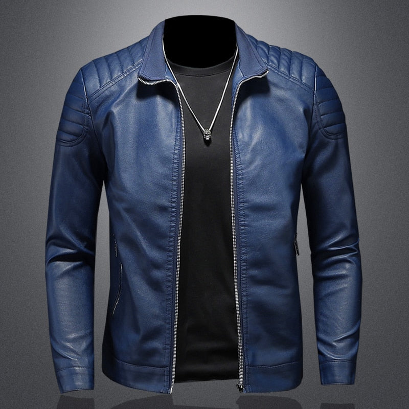 Men's standing collar jacket, motorcycle clothing, fashion trend personalized leather men's jacket