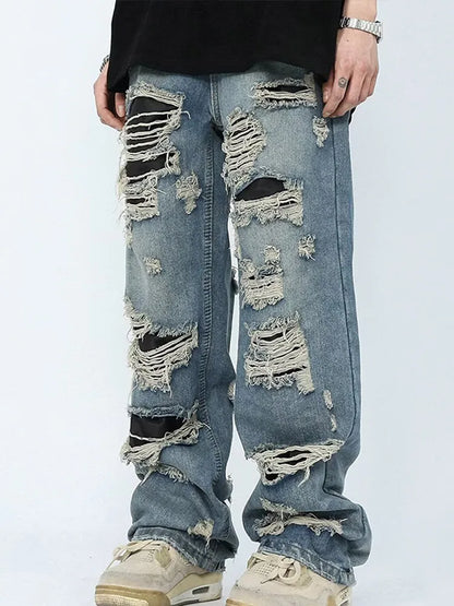 Straight Hole Beggar Zipper Long Pants Men Solid Streetwear High Waist Jeans Trousers Male Autumn  Fashion Men's Clothing