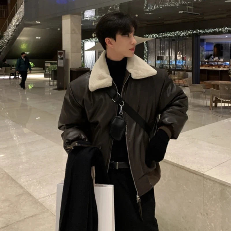 Winter Jacket Men Warm Fashion Casual Thickened Leather Jacket Men Streetwear Korean Loose Short Coat Mens Thick Leather Coat