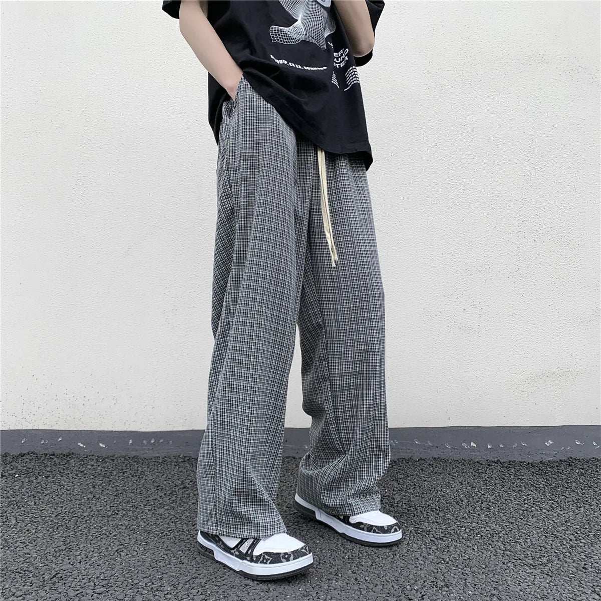 Summer/Autumn Plaid Pants Men Loose Casual Straight Trousers for Male/Female Harajuku Hip-hop Streetwear Wide-leg Mopping Pants