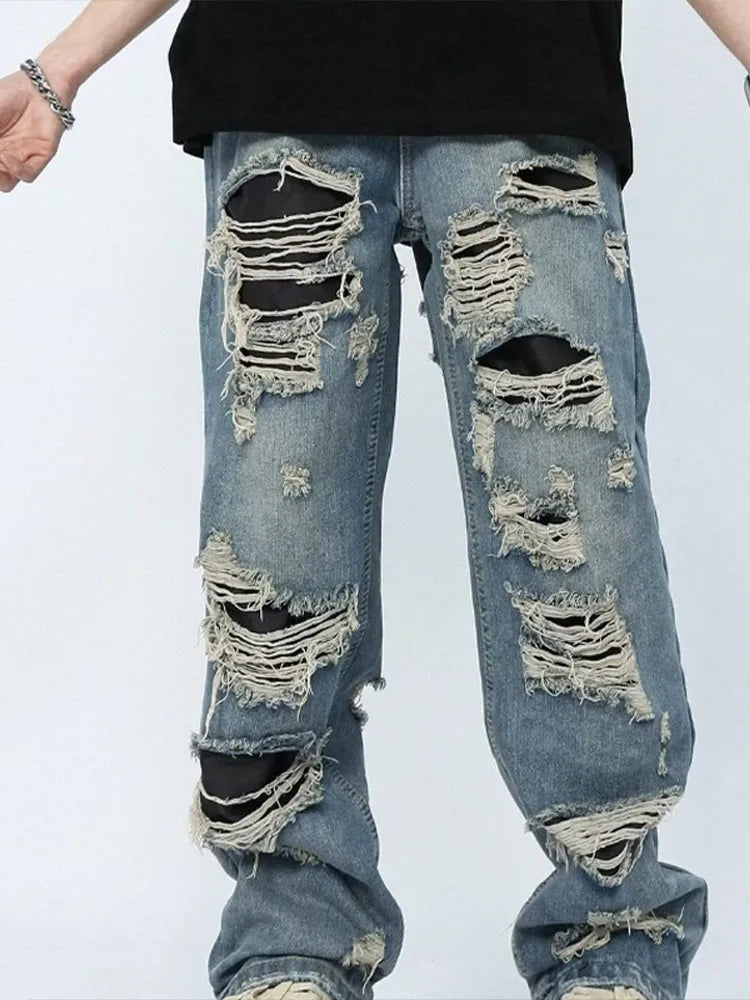 Straight Hole Beggar Zipper Long Pants Men Solid Streetwear High Waist Jeans Trousers Male Autumn  Fashion Men's Clothing