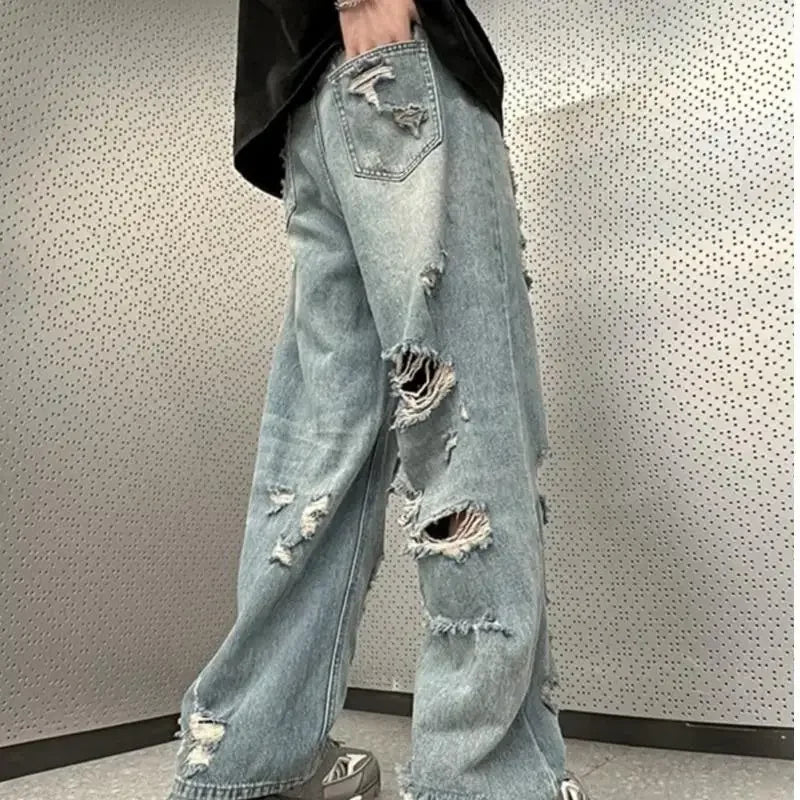 saferido Vintage Distressed Straight-leg Jeans American Style Slimming Bell Bottoms Loose Fit High-waisted Summer Thin Version For Men