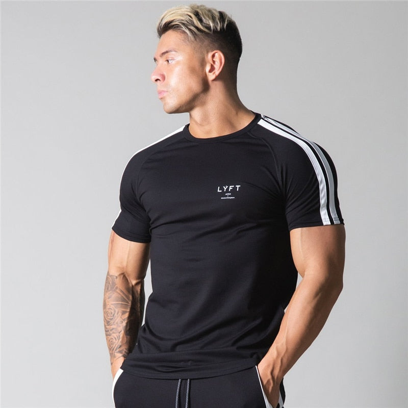 Side Stripes Gym Running Men's Summer Short Sleeve Sports Style Fashion T-shirt Bodybuilding Fitness Cotton T-shirt Men's Shirt