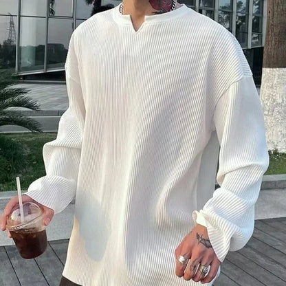 Spring White V-Neck Pleated Stripe T-Shirt Men Large Size Silky Soft Long Sleeved T-Shirt Summer Loose Bottomed Shirt