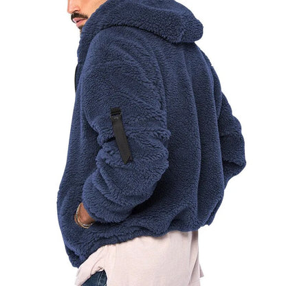 Men's Autumn and Winter Double sided Fleece Warm Jacket Loose Hooded Casual Coat