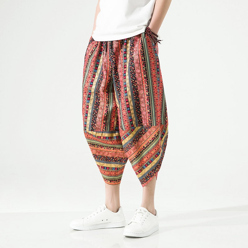 Summer Harajuku Calf Length Casual Men's Pants Wide Leg Cotton Linen Printing Harem Baggy Pants Fashion Men's Clothing