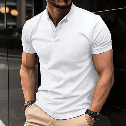 Solid Stand Collar Short Sleeve Men's Shirts Fashion Handsome Business Shirt Men Clothing Summer Casual Button Fit Gym Male