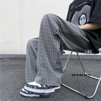 Summer/Autumn Plaid Pants Men Loose Casual Straight Trousers for Male/Female Harajuku Hip-hop Streetwear Wide-leg Mopping Pants