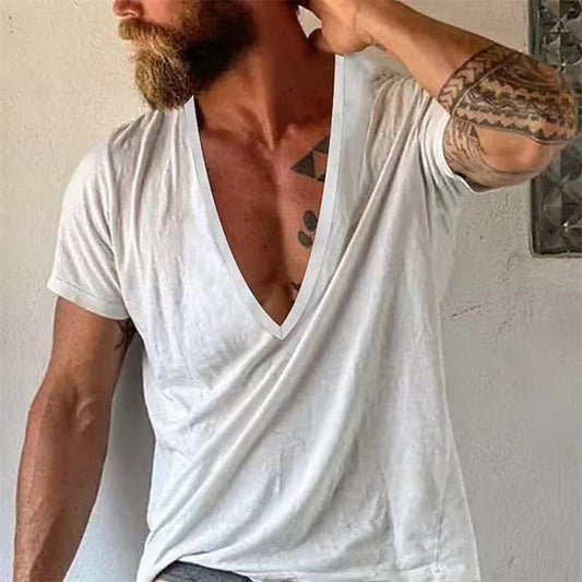 Vintage Loose Cotton T Shirts Men Casual V Neck Short Sleeve Solid Tees  Spring Summer Fashion Pure Color Clothes Men's Tops