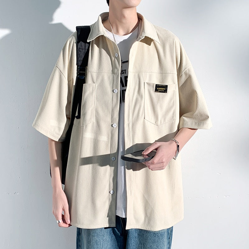 Spring Men's Corduroy short sleeve Shirts Fresh Harajuku Neutral Woman Fashion Casual Oversize Hip Hop College Shirt Coat